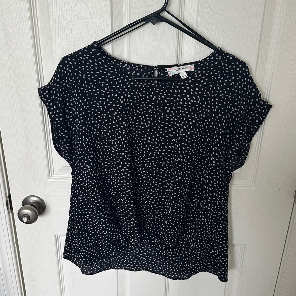 Pink Rose Black White Polka Dot Short Sleeve Blouse Large